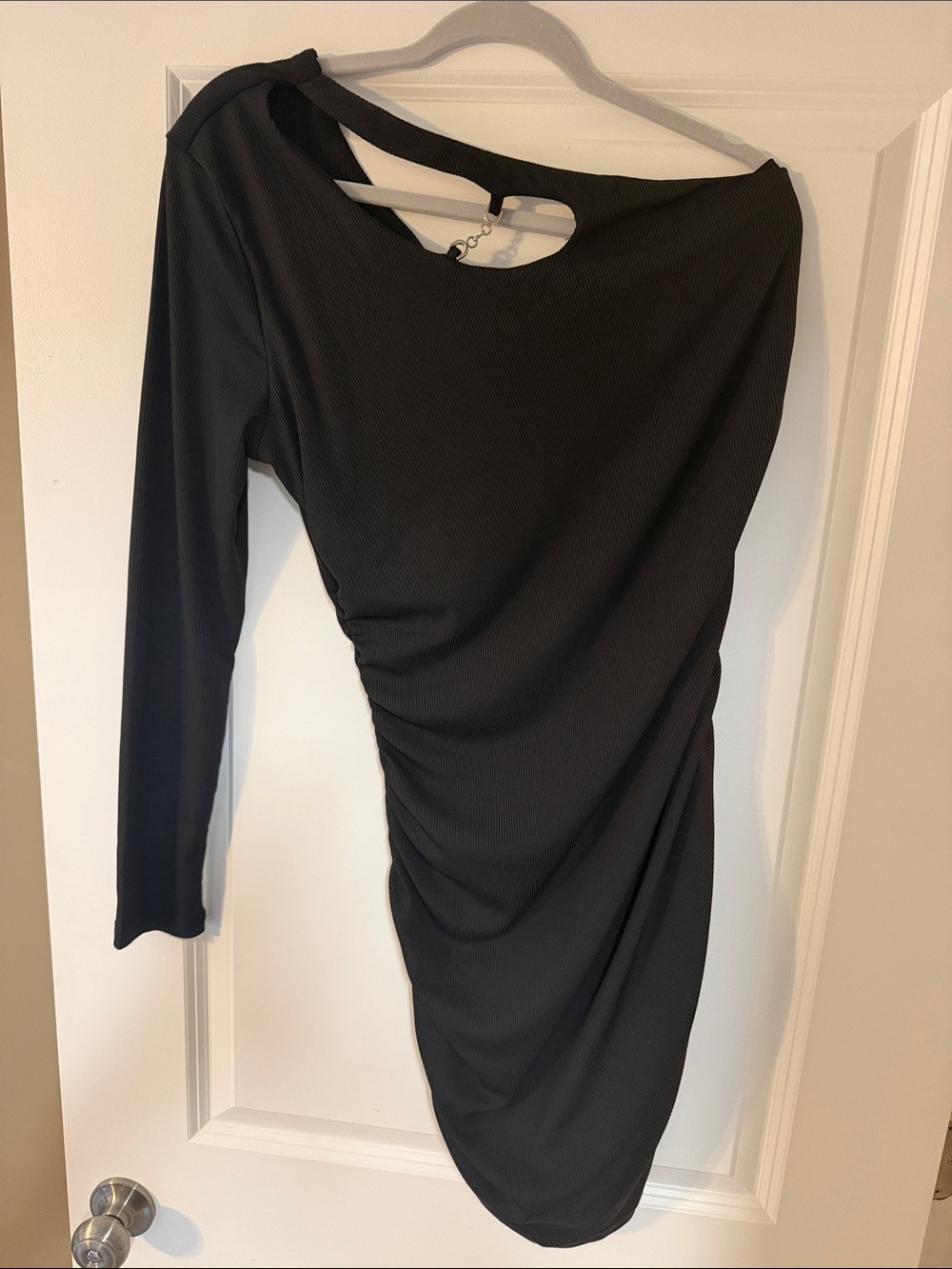 Asymmetric Black Long-Sleeve Ruched Dress